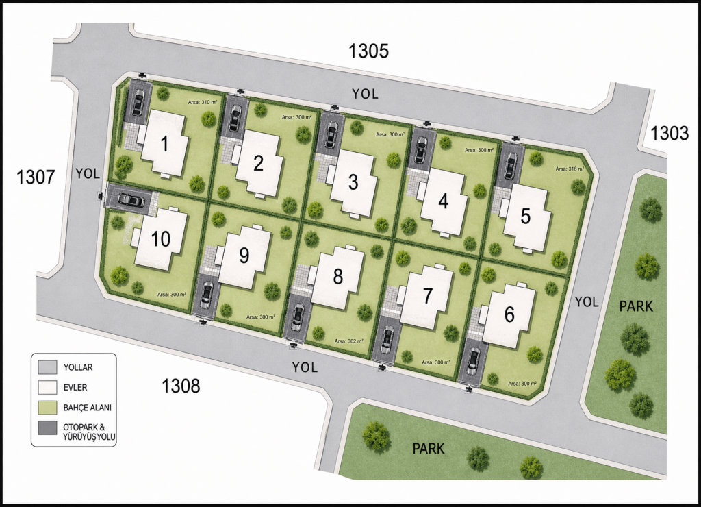 A map of a neighborhood with numbered houses, roads, and parks, featuring a color key in the bottom left corner.