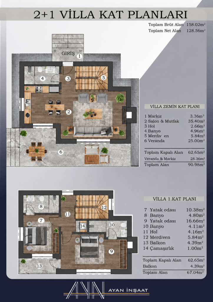 2+1 Villa Kat Planları