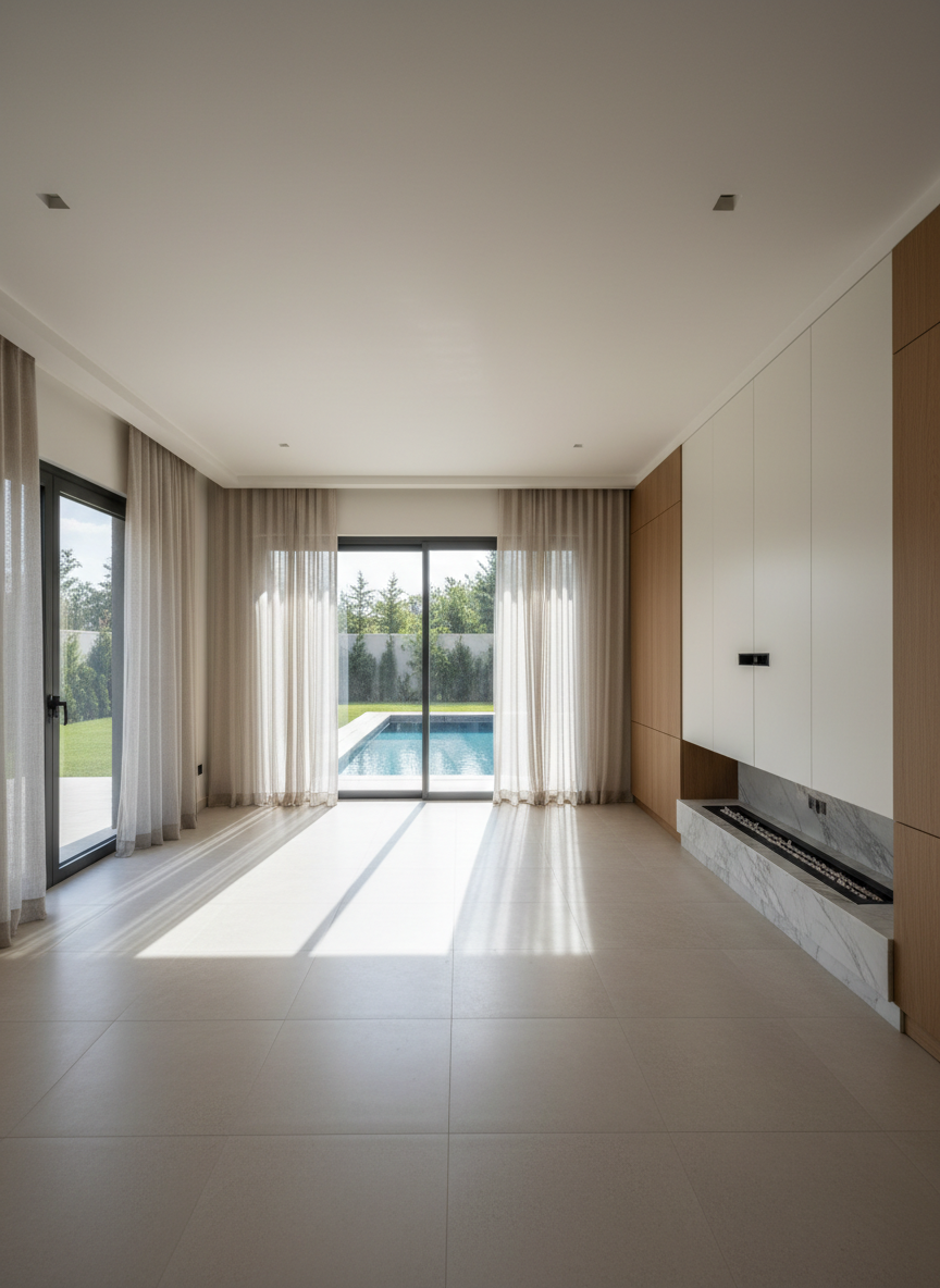 A refined interior living room of an Ayan Selçuklu Evleri villa, with floor‑to‑ceiling windows looking out onto a private garden and shimmering rectangular pool. The space features large-format light beige porcelain tiles, a low-profile built-in media wall in matte oak and white lacquer, and a sleek gas fireplace set in a vein-cut marble surround. Sunlight from the garden filters through sheer linen drapes, creating soft, diffused lighting and gentle, elongated shadows across the floor. Shot at eye level with a wide lens in photographic realism, the composition emphasizes clean lines, generous ceiling height, and a calm, sophisticated color palette of taupe, ivory, and warm wood tones, evoking a serene, high-end residential lifestyle without any furniture or personal items.
