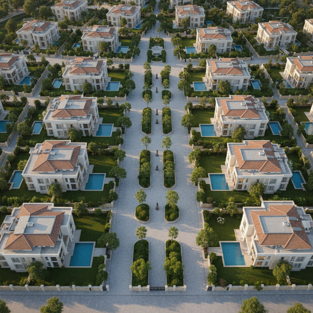 An elegant aerial view of the Ayan Selçuklu Evleri residential enclave, showcasing multiple villas arranged along gently curving, tree‑lined streets. Each villa has a modern Turkish-inspired design with flat and gently sloped tiled roofs, cream and sand-colored facades, and private walled gardens with manicured lawns and small turquoise pools. The central axis features a landscaped promenade with decorative lighting, low stone walls, and lush greenery. Captured in photographic realism under soft late-afternoon sunlight, shadows add depth to the urban plan while the composition reveals the entire site from a bird’s-eye perspective. The mood is orderly, refined, and exclusive, emphasizing master-planned sophistication and harmonious architecture for a premium real estate project overview image.