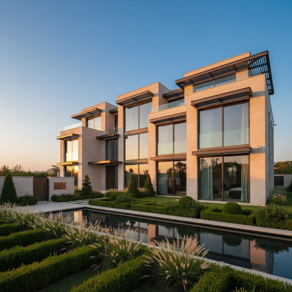 A luxurious contemporary villa façade of Ayan Selçuklu Evleri, featuring warm cream travertine cladding, expansive floor‑to‑ceiling glass panels, and dark bronze aluminum accents. The building rises from a meticulously landscaped front garden with sculpted boxwood hedges, ornamental grasses, and a reflecting water feature that mirrors the clean geometric lines. Captured at golden hour with soft, warm natural light grazing the textures of stone and glass, subtle shadows emphasize the layered terraces and recessed balconies. Shot from a slightly elevated eye-level angle with wide-angle photographic realism, the entire residence is in sharp focus against a clear evening sky, conveying a sophisticated, serene, and exclusive atmosphere suitable for a high-end villa project homepage.