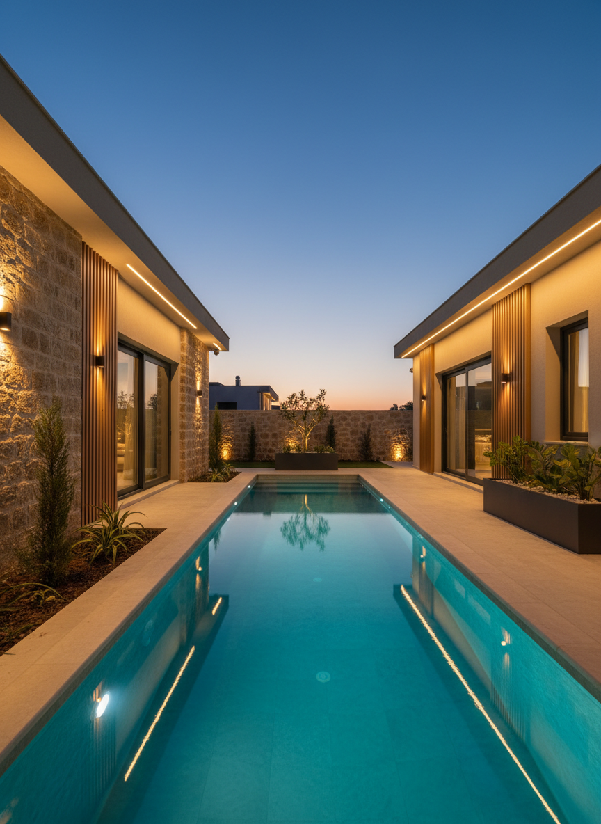 A sophisticated evening exterior of an Ayan Selçuklu Evleri villa’s private garden and pool terrace, featuring a long, narrow turquoise pool edged with ivory travertine coping and integrated LED strip lighting. The adjacent villa façade combines textured stone, smooth plaster, and slim vertical wooden slats, with recessed architectural lighting washing down the walls. Subtle in-ground lights highlight low-maintenance greenery, ornamental trees, and a minimalist raised planter in dark metal. Captured in photographic realism at blue hour, the sky is a deep gradient while the warm artificial lighting creates a cozy, exclusive atmosphere. Shot from a slightly low angle toward the villa, the composition emphasizes reflections on the water, crisp geometric lines, and a tranquil, resort-like mood ideal for luxury villa marketing.