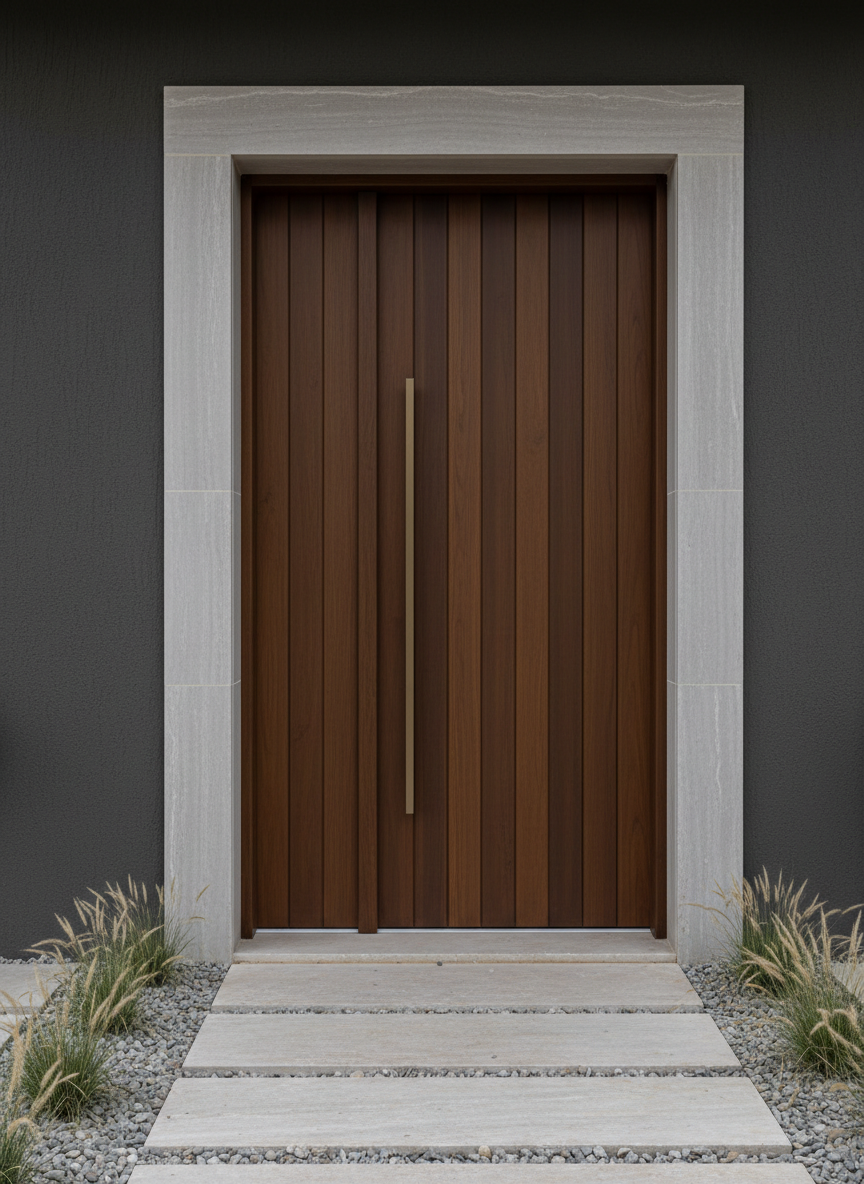 A meticulously detailed close-up of an Ayan Selçuklu Evleri villa entrance, featuring a tall, pivot-style solid wood door with vertical slatted detailing and a sleek bronze handle. Surrounding the entrance is a frame of honed light limestone with fine, linear textures, contrasted by a darker charcoal plaster wall. At the base, a minimalist pathway of large rectangular stone slabs leads through a gravel bed with small, precisely positioned ornamental grasses. Captured in soft, overcast daylight for even, diffused illumination, every texture—from wood grain to stone—is in sharp photographic focus. Framed using the rule of thirds at eye level, the mood is calm, discreetly luxurious, and architecturally focused, highlighting craftsmanship and material quality for a high-end real estate detail shot.